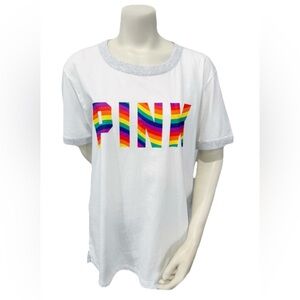 PINK Rainbow Graphic Ringer Tee — Pride Festival Streetwear M